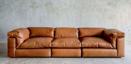 Sofa - Natural Wood - Leather - Camel - 340x107x74 cm