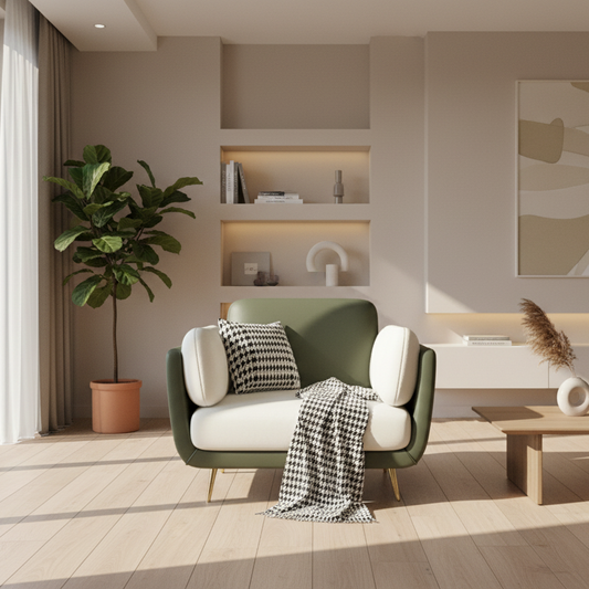 Arm Chair - Natural Wood - Multi Fabrics - Green & White - 110x80x85 cm