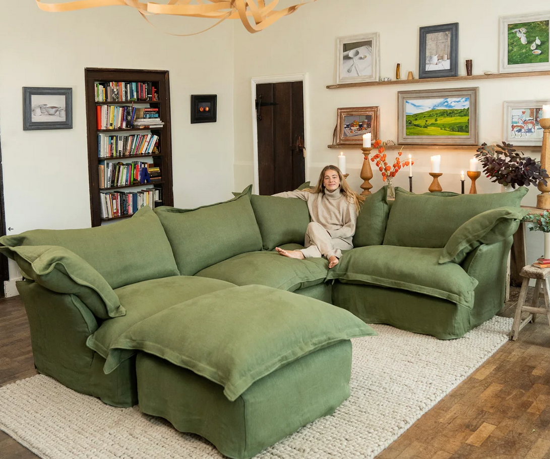 Sofa - Natural Wood - Multi Fabrics - Green - 307x95x77 cm
