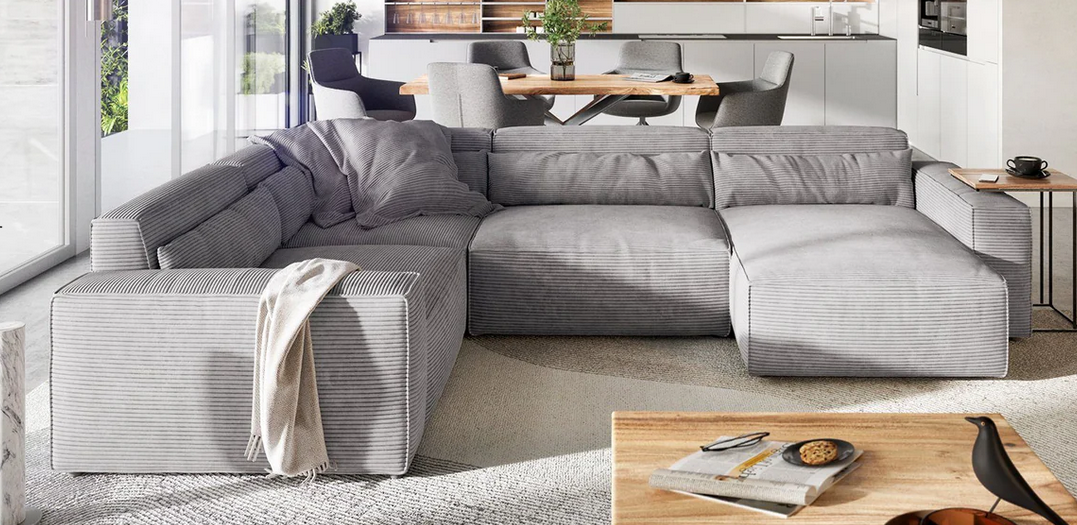 Sofa - Natural Wood - Multi Fabrics - Grey - 330x105x70 cm