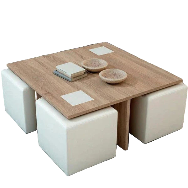 Wooden coffee table with decorative items in a living room setting