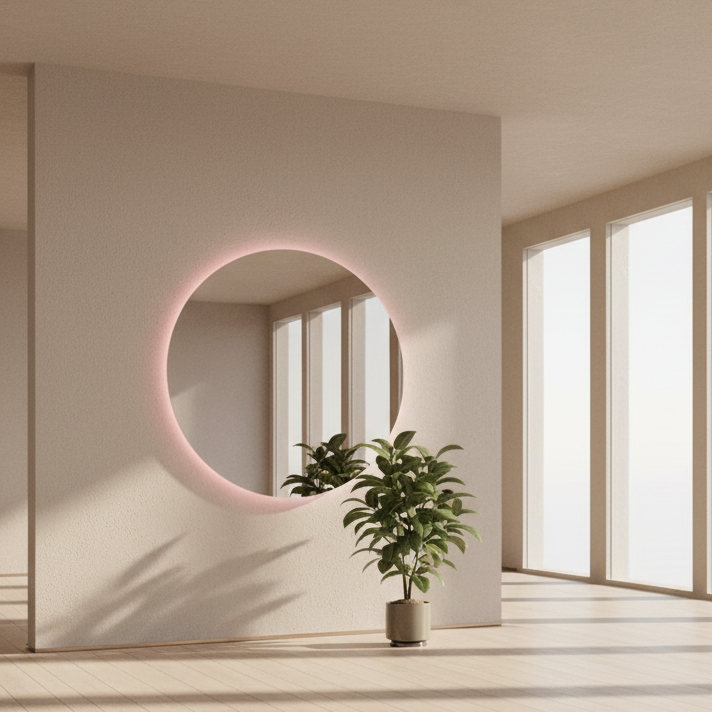 Round mirror with a glowing frame on a dark wall, surrounded by plants.
