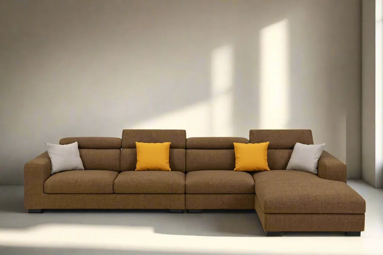 Sofa L Shape - Beech Wood - Linen Fabric - Brown - 320x200x90 cm - Cataloug