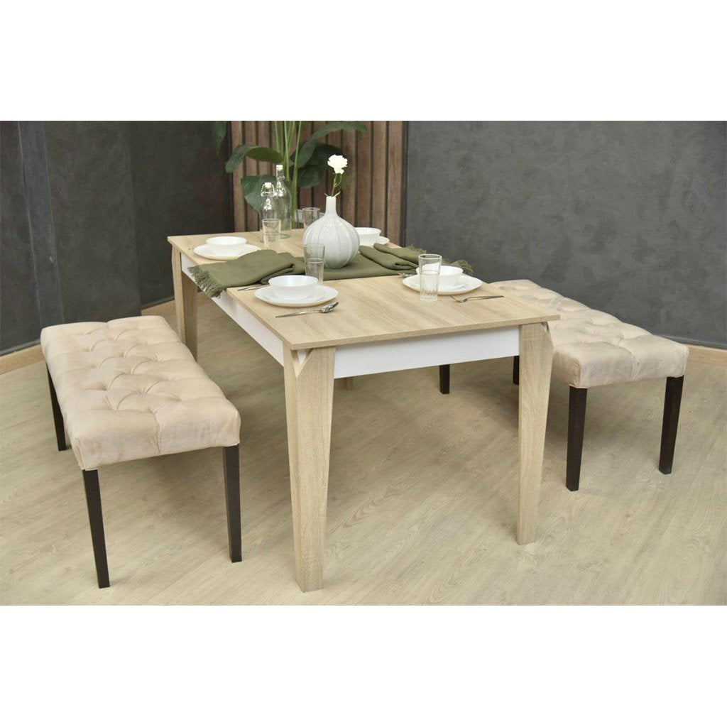 ترابيزة سفرة بدون كراسي - خشب زان وخشب أم دي أف - بيج وأبيض - 180×80×77 سم