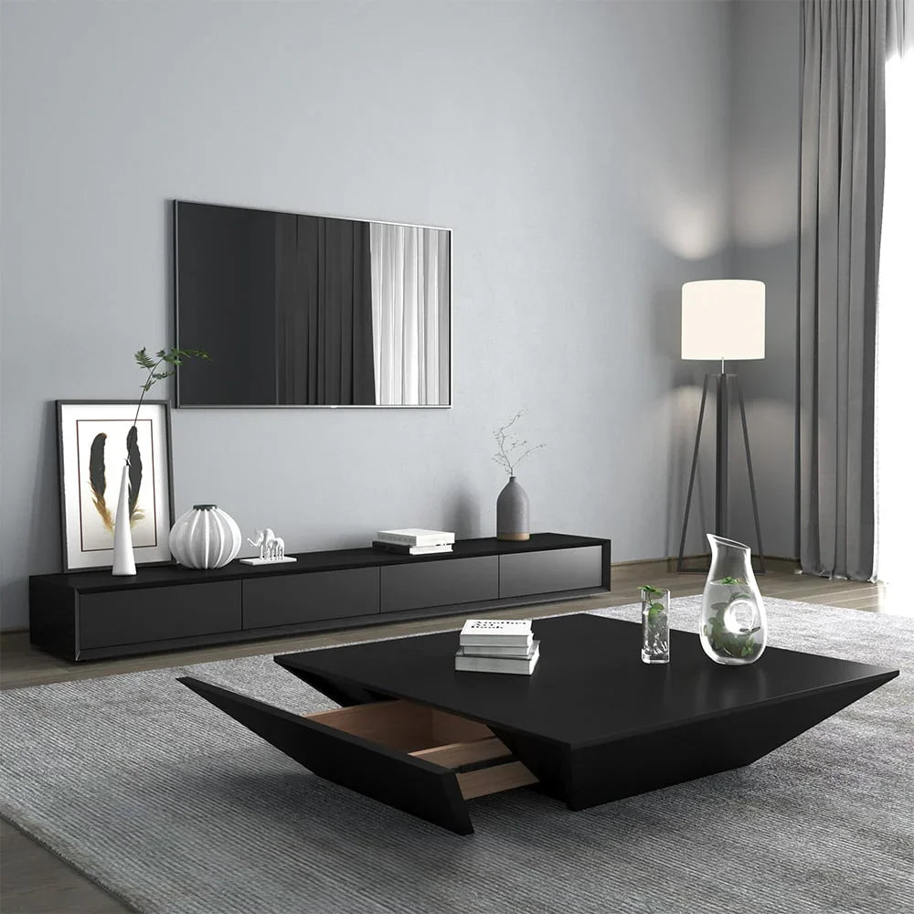 TV Unit - MDF Wood - Black - 220x40x25 cm - Cataloug