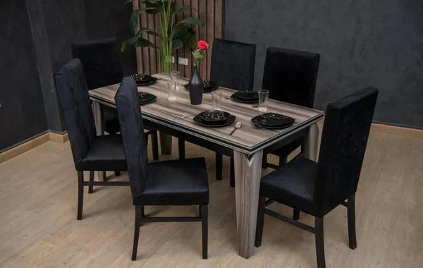 Dining Table - 6 Chairs - MDF Wood & Beech wood - Beige & Black - 160 x80 x 80 cm