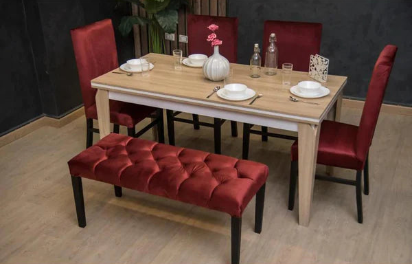طاولة طعام - 4 كراسي و بانكت - خشب MDF وخشب زان - بيج وأحمر - 170 × 80 × 80 سم