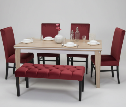 طاولة طعام - 4 كراسي و بانكت - خشب MDF وخشب زان - بيج وأحمر - 170 × 80 × 80 سم