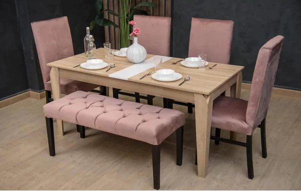 طاولة طعام - 4 كراسي ومقعد طويل - خشب MDF وخشب زان - بيج ووردي - 170 × 80 × 80 سم