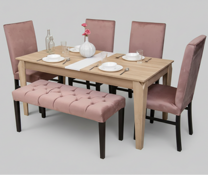 طاولة طعام - 4 كراسي ومقعد طويل - خشب MDF وخشب زان - بيج ووردي - 170 × 80 × 80 سم