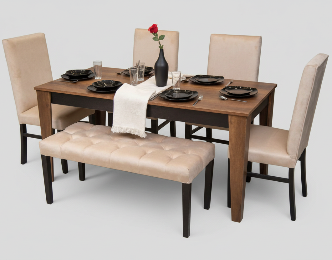 طاولة طعام - 4 كراسي ومقعد - خشب MDF وخشب زان - بني وبيج - 160 × 80 × 80 سم