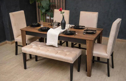 طاولة طعام - 4 كراسي ومقعد - خشب MDF وخشب زان - بني وبيج - 160 × 80 × 80 سم