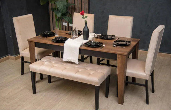 طاولة طعام - 4 كراسي ومقعد - خشب MDF وخشب زان - بني وبيج - 160 × 80 × 80 سم
