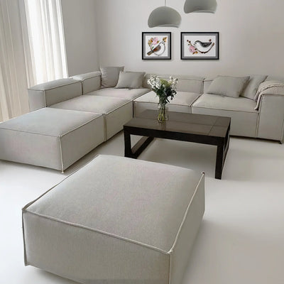 Sofa L Shape & 2 Pouf - Beech Wood - Linen Fabric - Beige - 300x270x90x70 cm - Cataloug
