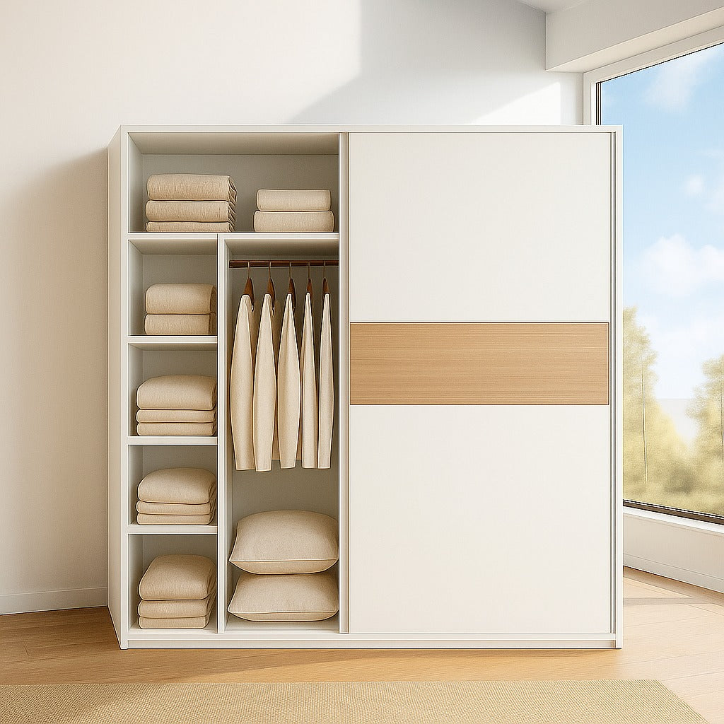 Wardrobe - MDF Wood - White & Beige - 180x60x200 cm