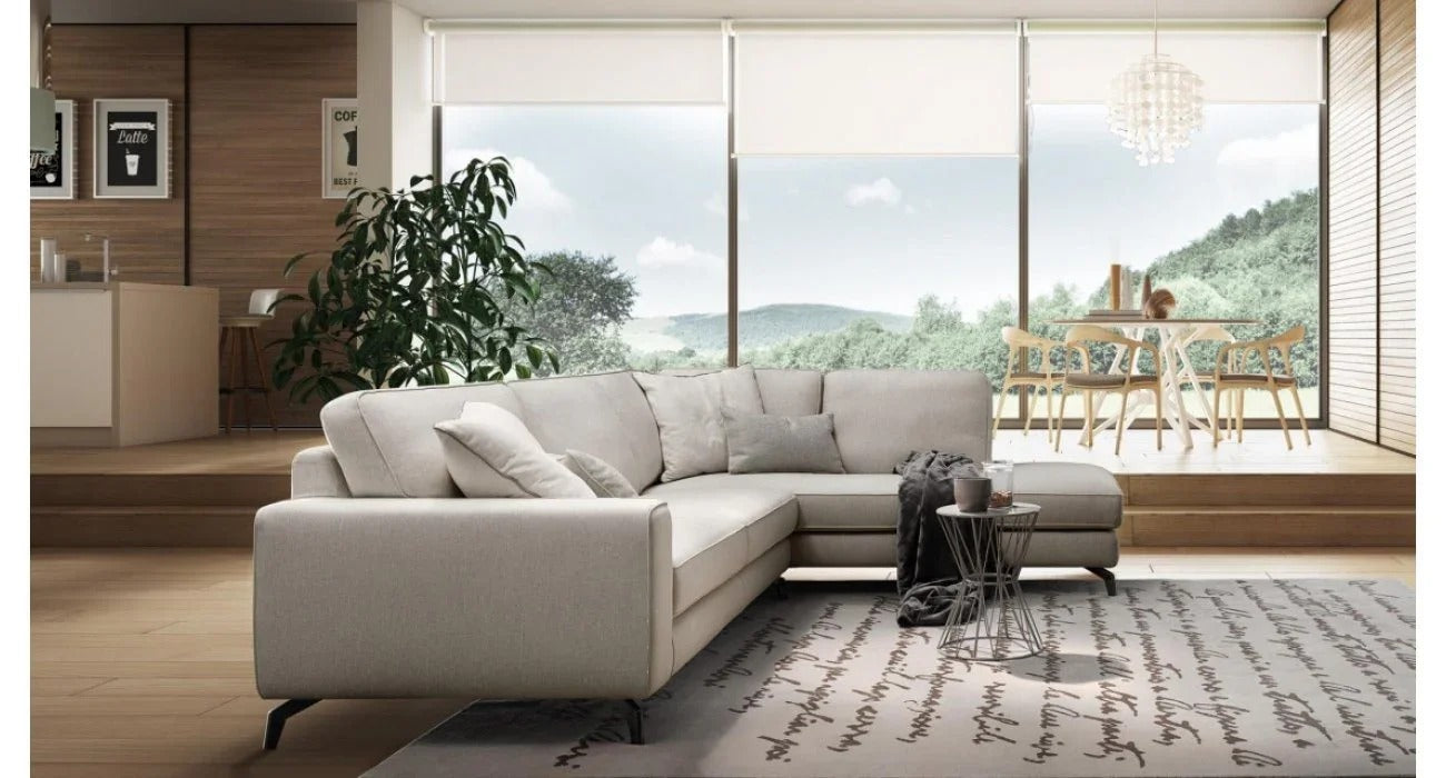 Sofa L Shape - Natural Wood - Linen Fabric - Beige - 300x200 cm