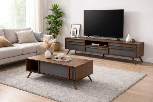 مجموعة ترابيزة تلفزيون وترابيزة قهوة - خشب ام دي اف - متعدد الألوان