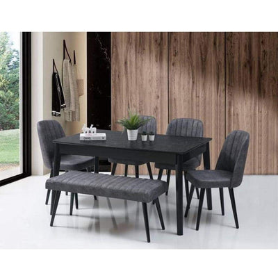 طاولة طعام - 4 كراسي ومقعد - خشب MDF وخشب زان - أسود - 180 × 85 سم