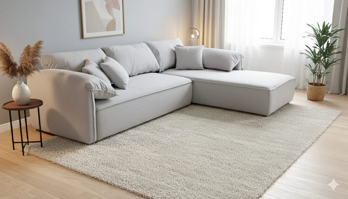 Sofa L Shape - Natural Wood - Multi Fabrics - Grey -270 x 180 x 100 x 80 cm