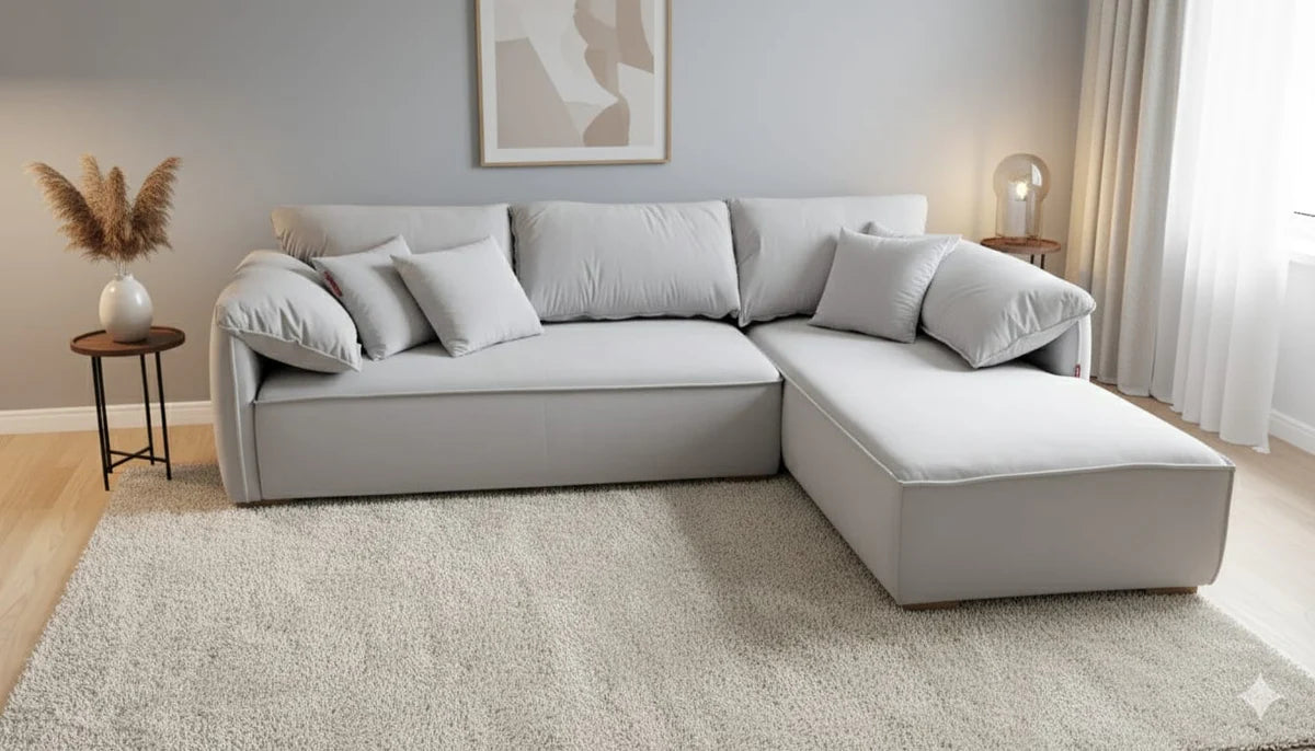 Sofa L Shape - Natural Wood - Multi Fabrics - Grey -270 x 180 x 100 x 80 cm