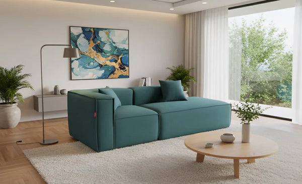 Sofa - Natural Wood - Linen - Petrol Blue - 231 x 89 x 67 cm