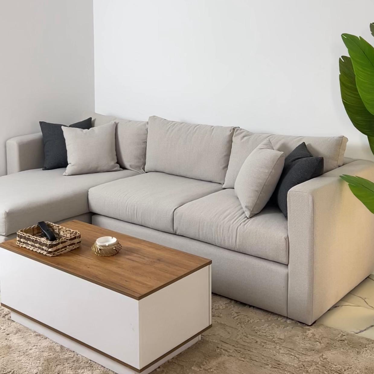 Sofa L Shape - Natural Wood - Linen Fabric - Multi Color - 250x170x90 cm