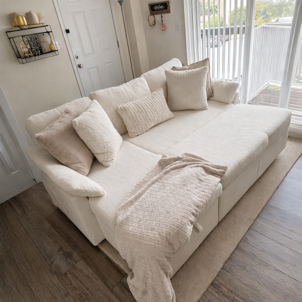 Sofa Bed - Natural Wood - Off White - 300x90x150 cm