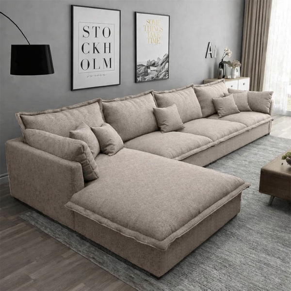 Sofa L Shape - Natural Wood - Linen Fabric - Beige - 300x200x85 cm