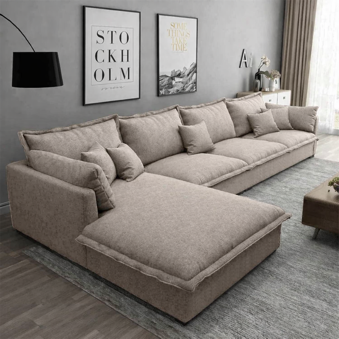 Sofa L Shape - Natural Wood - Linen Fabric - Beige - 300x200x85 cm
