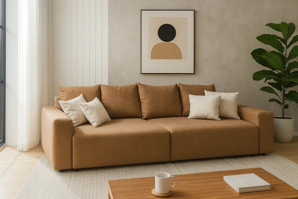 Sofa - Beech Wood - Linen Fabric - Brown - 220x90 cm - Cataloug