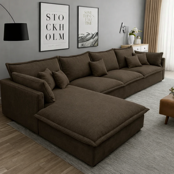 Sofa L Shape - Natural Wood - Linen Fabric - Brown - 300x180x85 cm