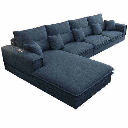 Sofa L Shape - Natural Wood - Linen Fabric - Blue - 320x200 cm