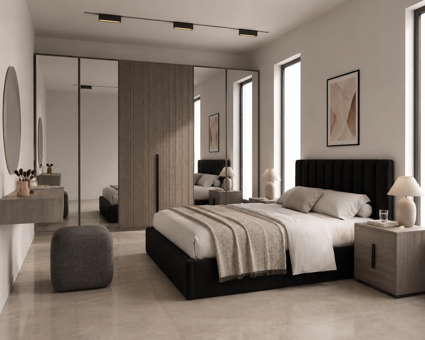 Full Bedroom  - MDF Wood - Gray - Reflective Glass