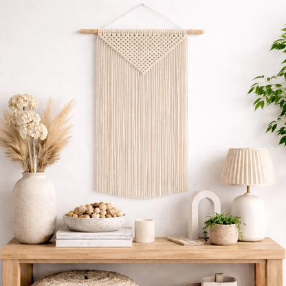 Macramé Wall Décor - Wood & Cotton Yarn - Off White - 80x50 cm