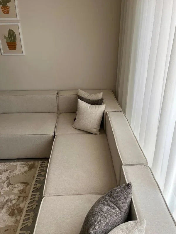 Sofa L Shape & 2 Pouf - Beech Wood - Linen Fabric - Beige - 300x270x90x70 cm - Cataloug