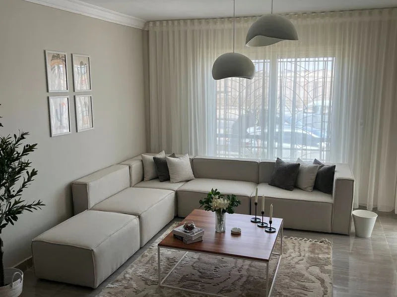 Sofa L Shape & 2 Pouf - Beech Wood - Linen Fabric - Beige - 300x270x90x70 cm - Cataloug