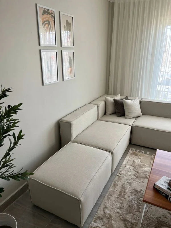 Sofa L Shape & 2 Pouf - Beech Wood - Linen Fabric - Beige - 300x270x90x70 cm - Cataloug