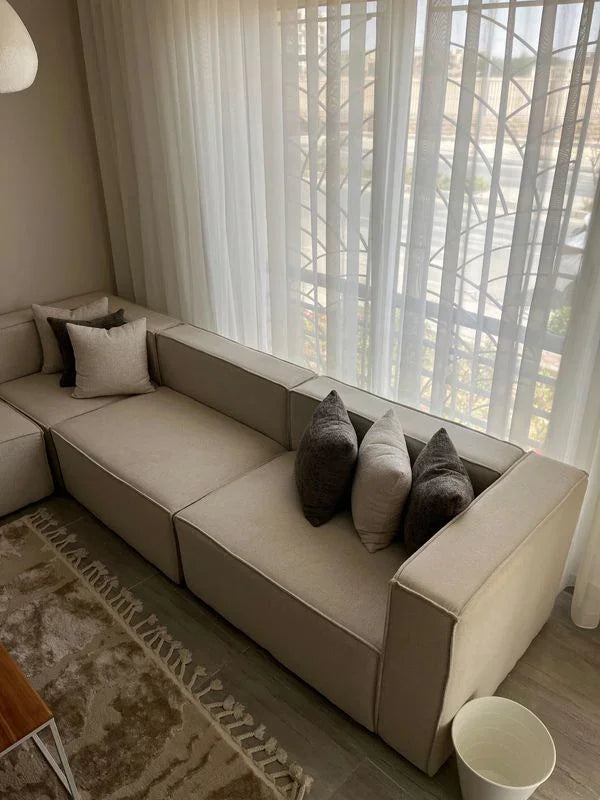 Sofa L Shape & 2 Pouf - Beech Wood - Linen Fabric - Beige - 300x270x90x70 cm - Cataloug