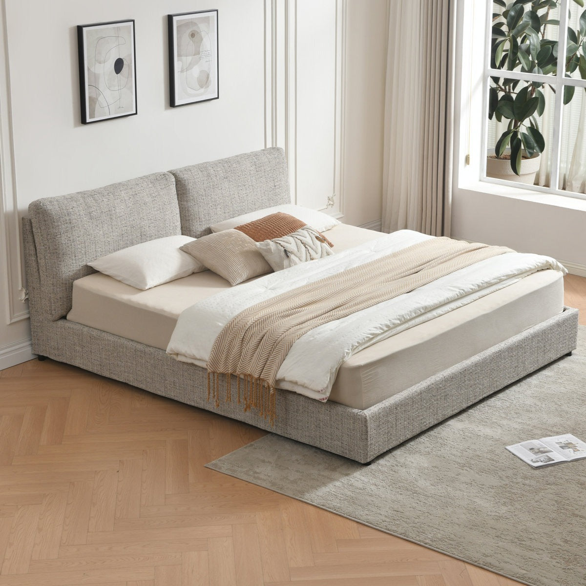 Bed - MDF - Linen - Light Gray - Multi Size
