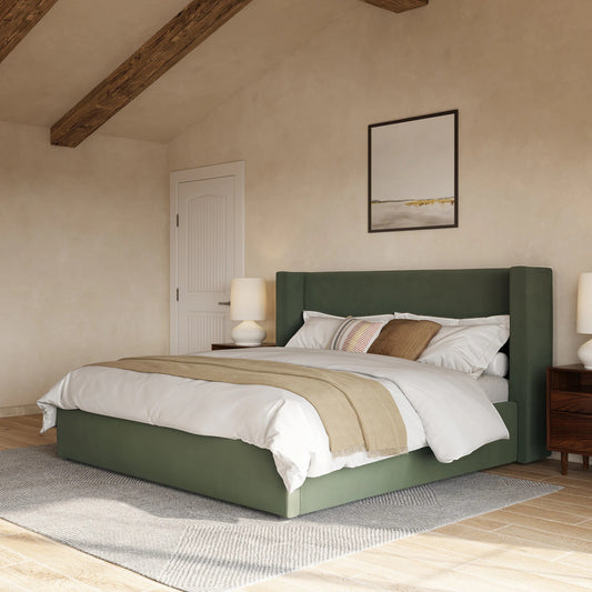 سرير - خشب  أم دي أف - قطيفه - أخضر - متعدد المقاسات