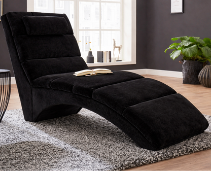 Recliner Chair - Natural Wood - Velvet Fabric - Black - 160x55 cm