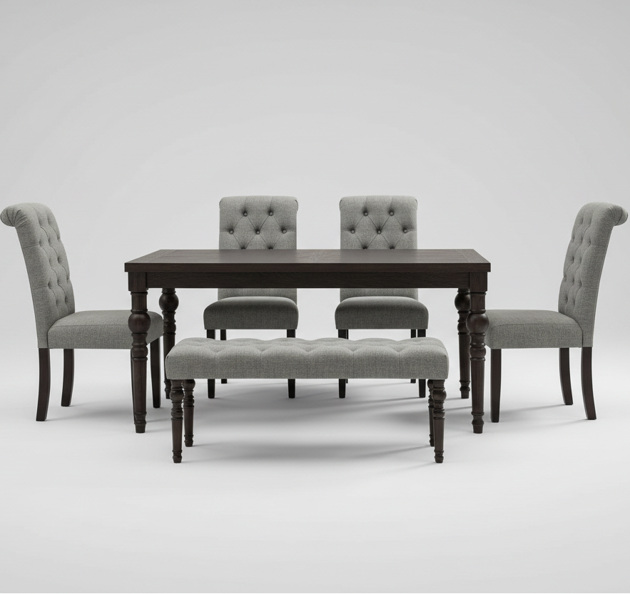 طاولة طعام - 4 كراسي و بانكت - خشب MDF وخشب زان - بني ورمادي - 160 × 80 × 80 سم