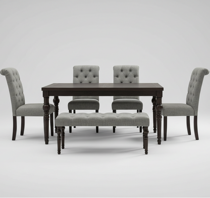 طاولة طعام - 4 كراسي و بانكت - خشب MDF وخشب زان - بني ورمادي - 160 × 80 × 80 سم