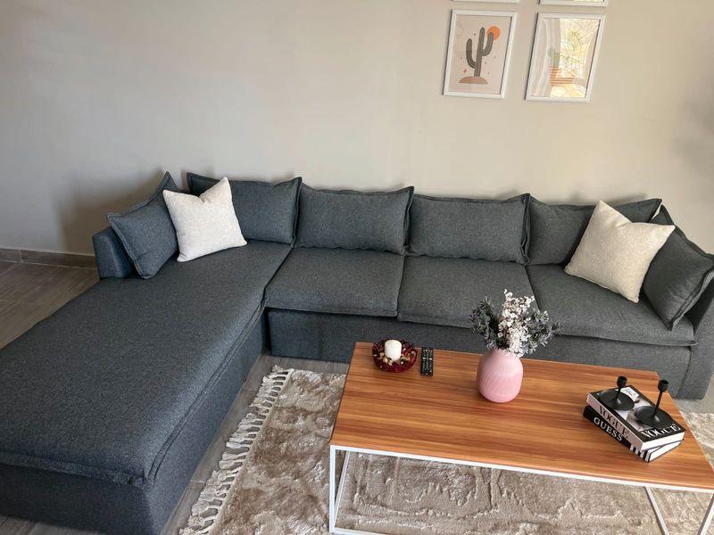 Sofa L Shape - Beech Wood - Linen Fabric - Grey - 300x200x85x75 cm - Cataloug