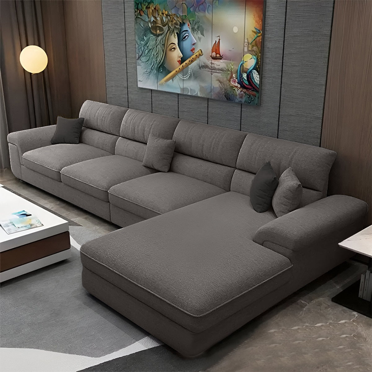 Sofa L Shape & Free Chandelier - Beech Wood - Linen Fabric - Multi Color - 270x180x80x80 cm