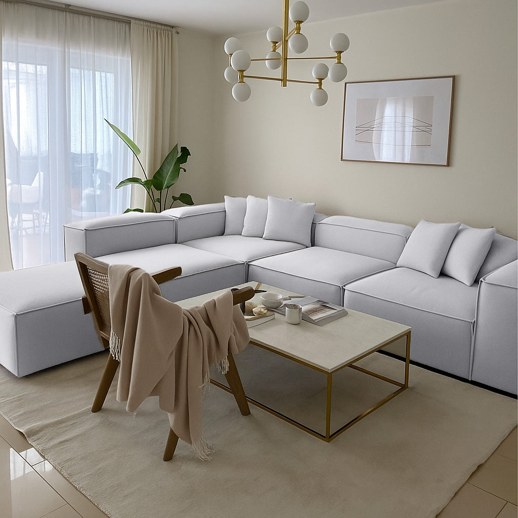 Sofa L Shape  - Natural Wood - Linen Fabric -Multi Color - 300x270x90 cm