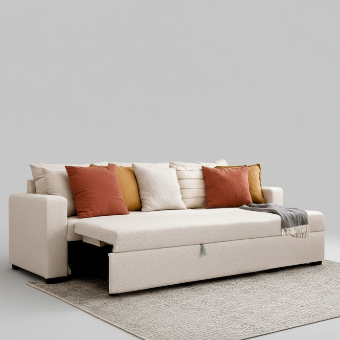 Beige sofa bed with colorful cushions in a living room setting.