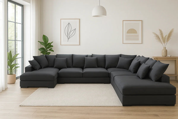 Sofa L Shape - Beech Wood - Linen Fabric - Grey - 300x250x160 cm - Cataloug