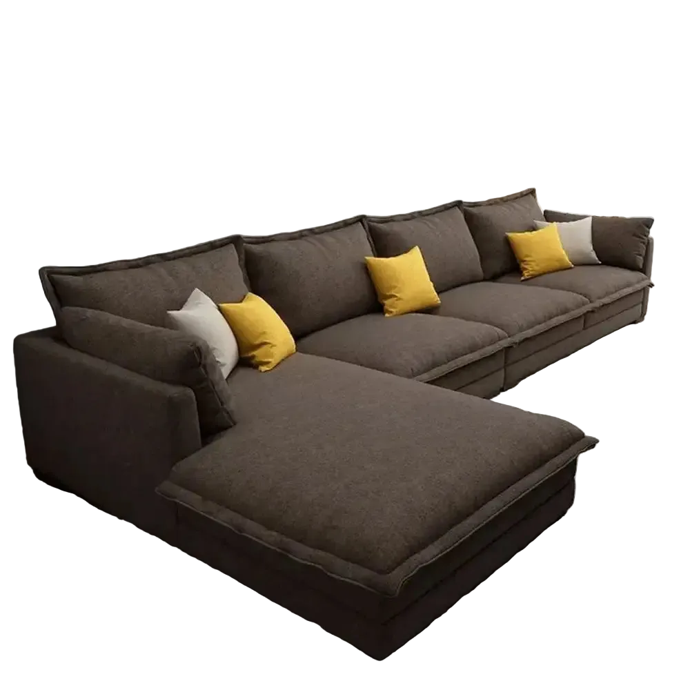 Sofa L Shape - Natural Wood - Linen Fabric - Brown - 300x180x85 cm