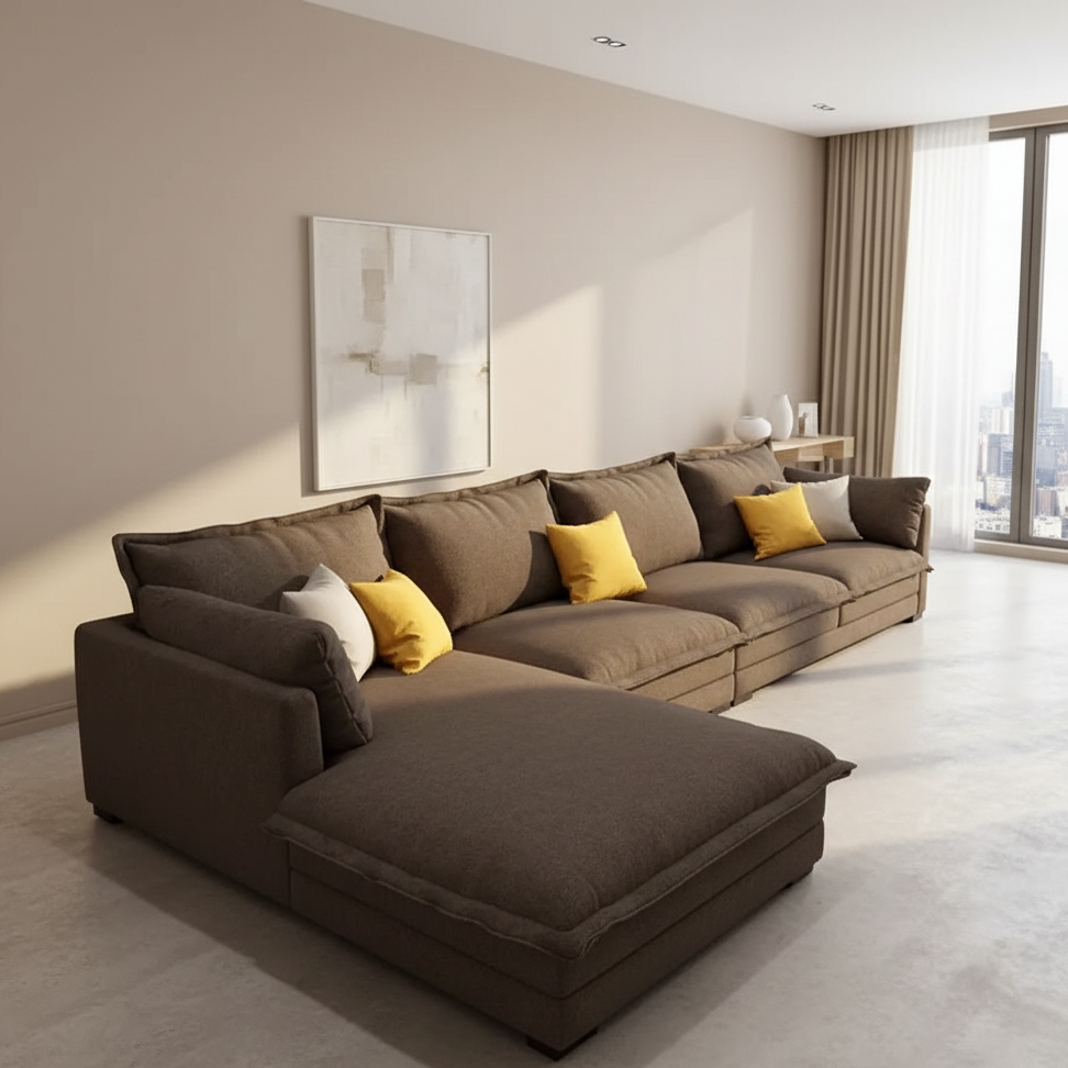 Sofa L Shape - Natural Wood - Linen Fabric - Brown - 300x180x85 cm